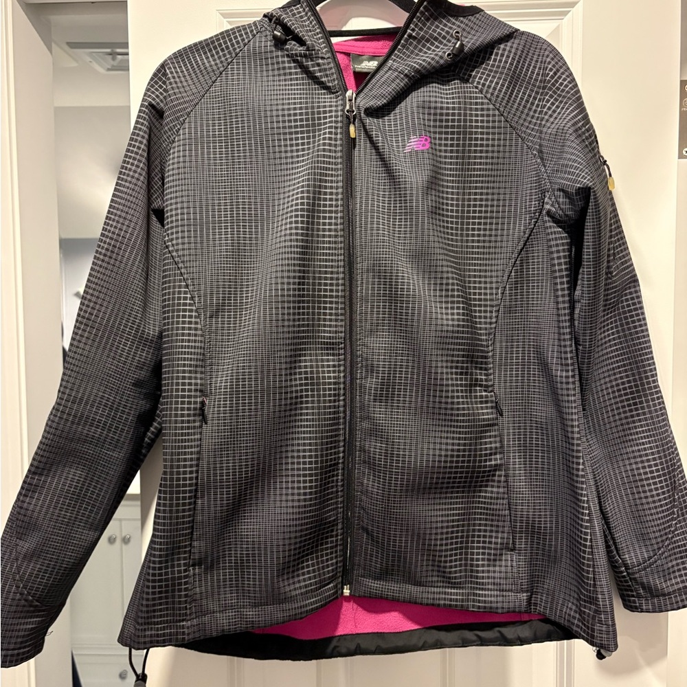 New Balance Hooded Softshell Jacket Black Grid Pink Fleece Lined Large